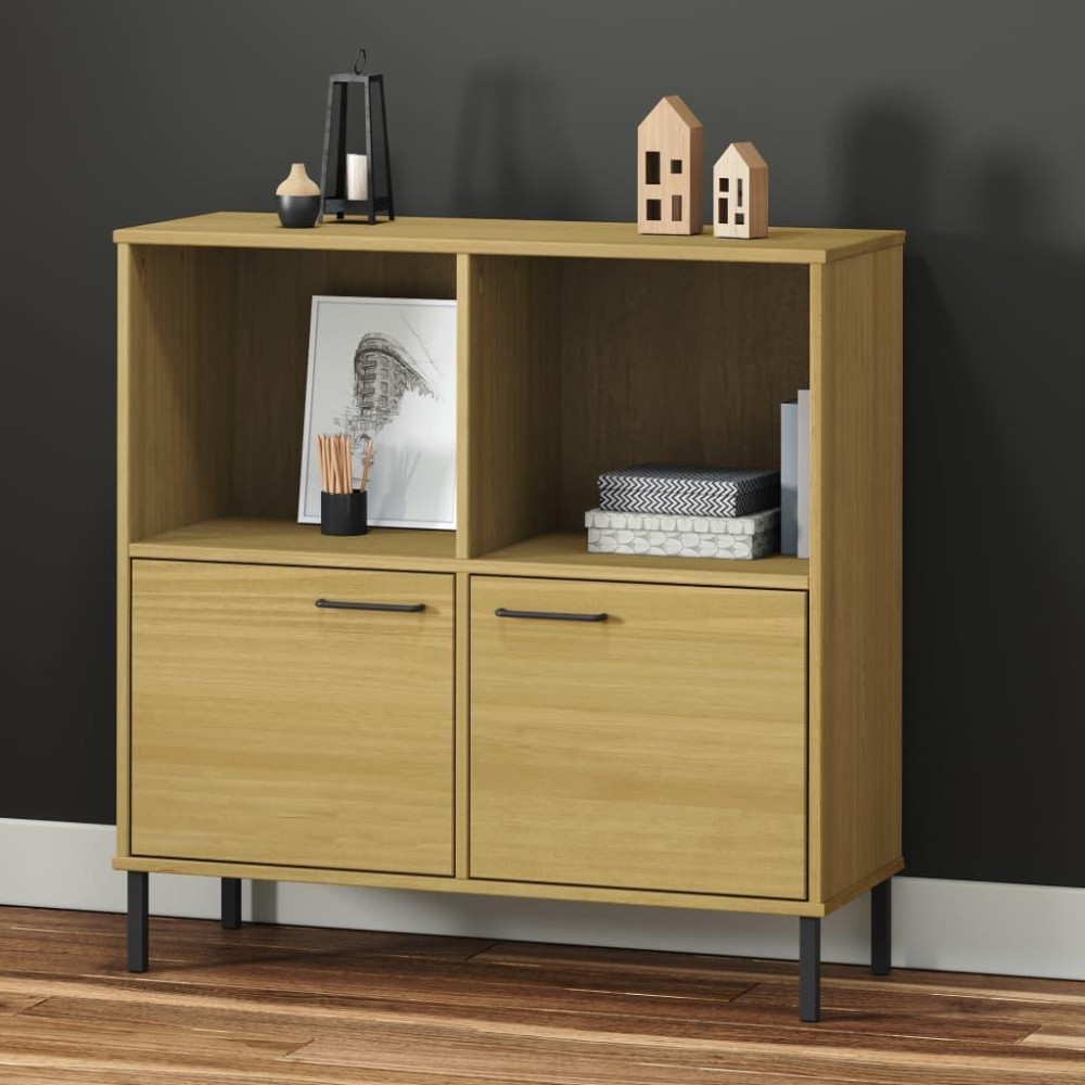 Vidaxl Bookcase With Metal Legs Brown 35.4X13.8X35.6 Solid Wood Oslo