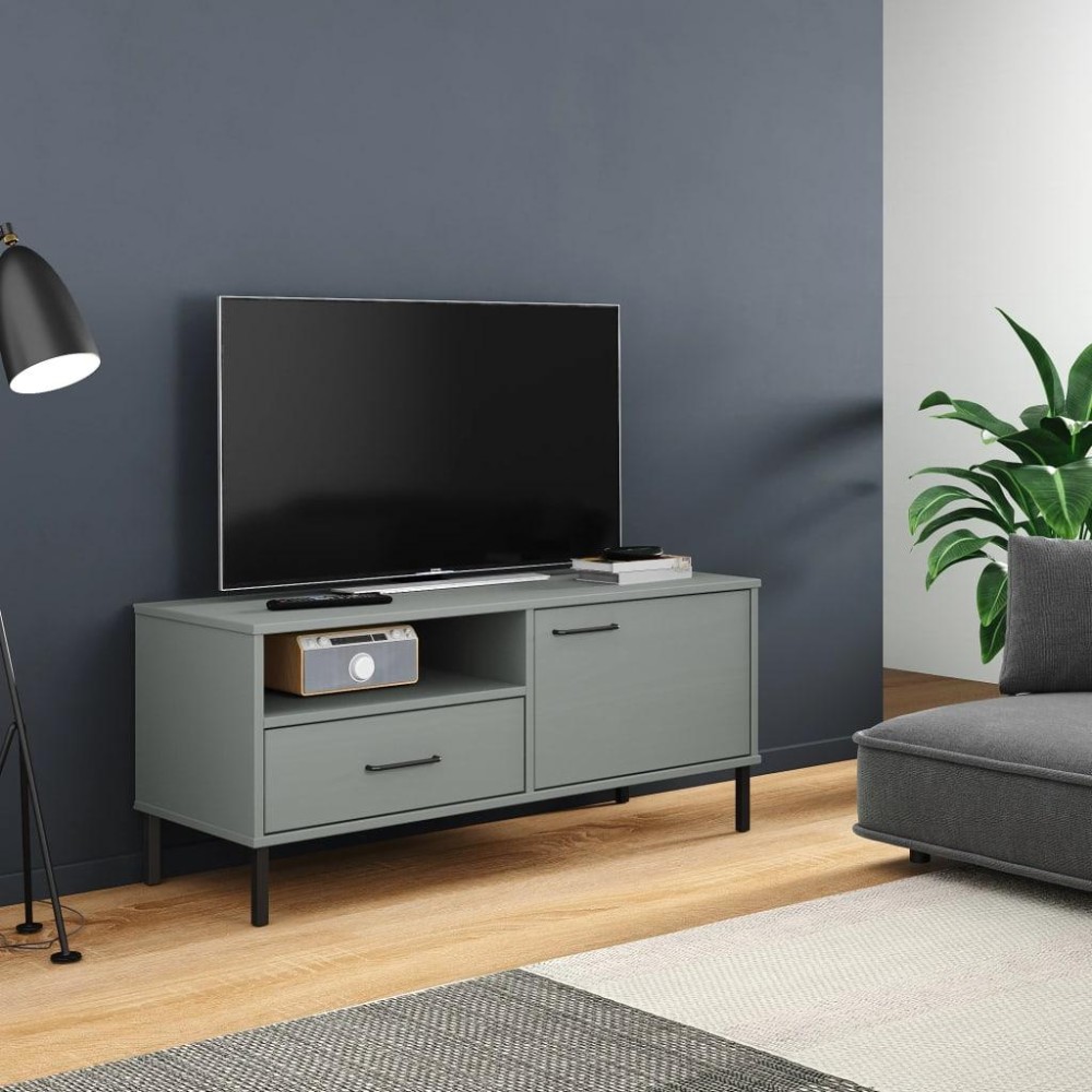 Vidaxl Tv Cabinet With Metal Legs Gray Solid Wood Pine Oslo