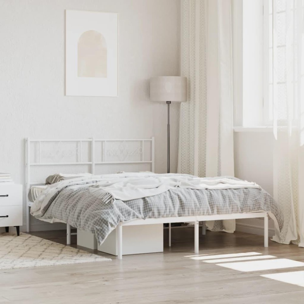 vidaXL Metal Bed Frame with Headboard White 53.1