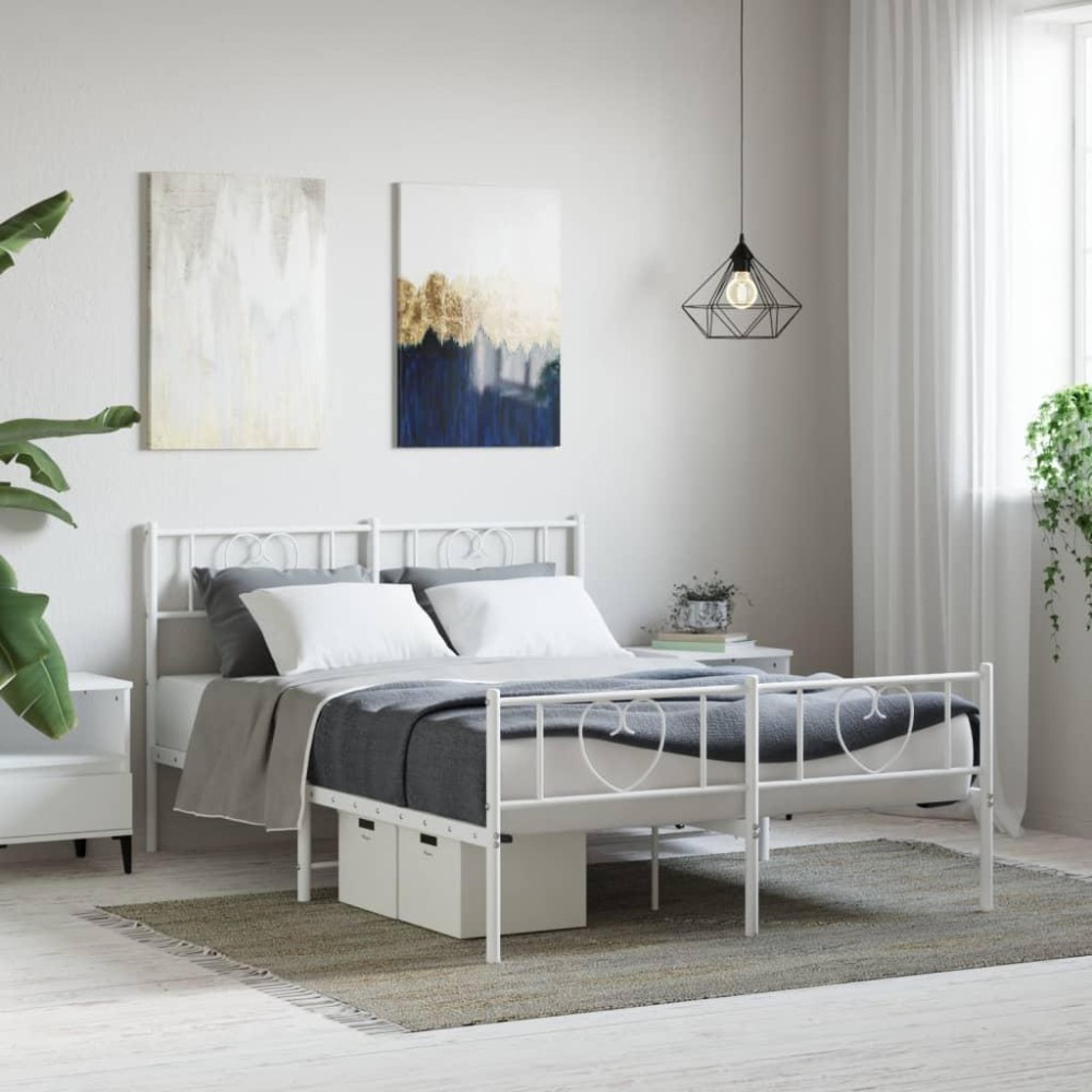 vidaXL Metal Bed Frame with Headboard and Footboard White 53.1