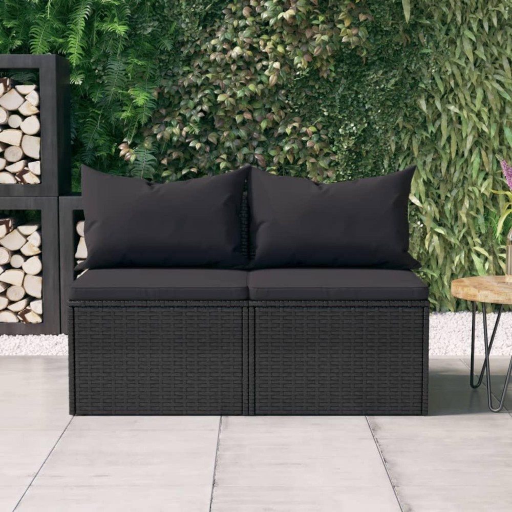 vidaXL Patio Middle Sofas with Cushions 2 pcs Black Poly Rattan