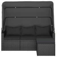 vidaXL 3-Seater Patio Sofa with Roof and Footstool Black Poly Rattan