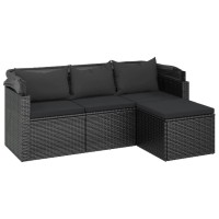 vidaXL 3-Seater Patio Sofa with Roof and Footstool Black Poly Rattan