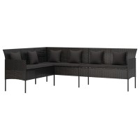 vidaXL L-shaped Patio Sofa with Cushions Black Poly Rattan