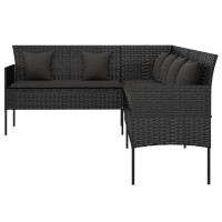 vidaXL L-shaped Patio Sofa with Cushions Black Poly Rattan