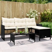 vidaXL Patio Sofa with Table and Cushions L-Shaped Black Poly Rattan