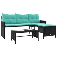 vidaXL Patio Sofa with Table and Cushions L-Shaped Black Poly Rattan