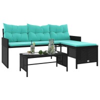 vidaXL Patio Sofa with Table and Cushions L-Shaped Black Poly Rattan