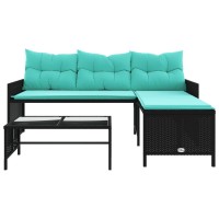 vidaXL Patio Sofa with Table and Cushions L-Shaped Black Poly Rattan