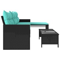 vidaXL Patio Sofa with Table and Cushions L-Shaped Black Poly Rattan