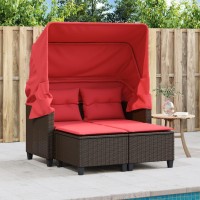 vidaXL Patio Sofa 2-Seater with Canopy and Stools Brown Poly Rattan