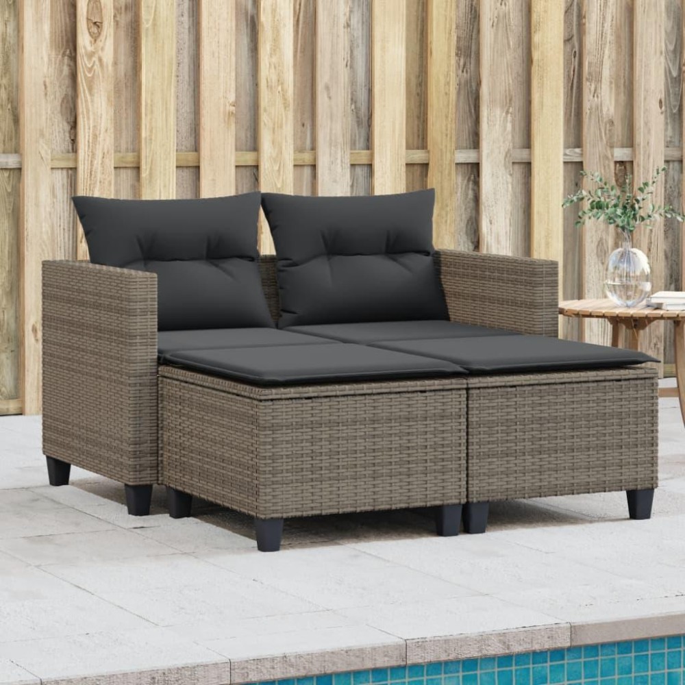 vidaXL Patio Sofa 2-Seater with Stools Gray Poly Rattan