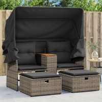 vidaXL Patio Sofa 2-Seater with Canopy and Stools Gray Poly Rattan