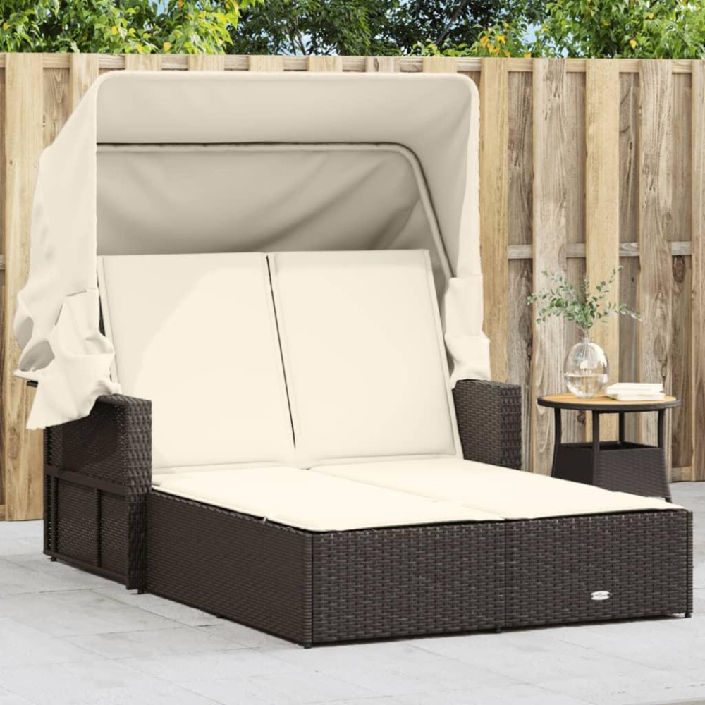 vidaXL Double Sun Lounger with Canopy and Cushions Brown Poly Rattan