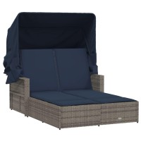 vidaXL Double Sun Lounger with Canopy and Cushions Gray Poly Rattan