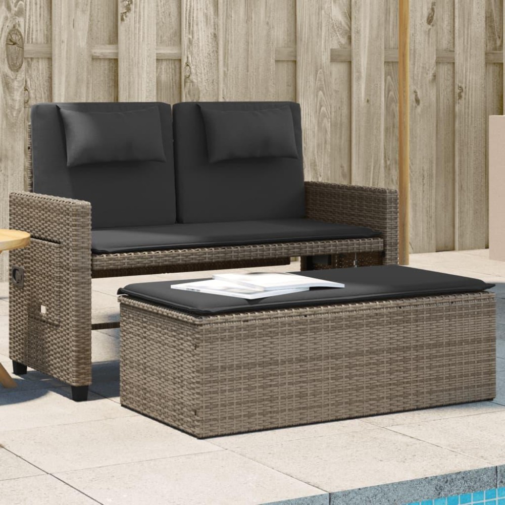 vidaXL Reclining Patio Bench with Cushions Gray Poly Rattan