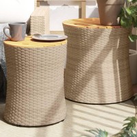 vidaXL Patio Side Tables 2 pcs with Wooden Top Beige Poly Rattan