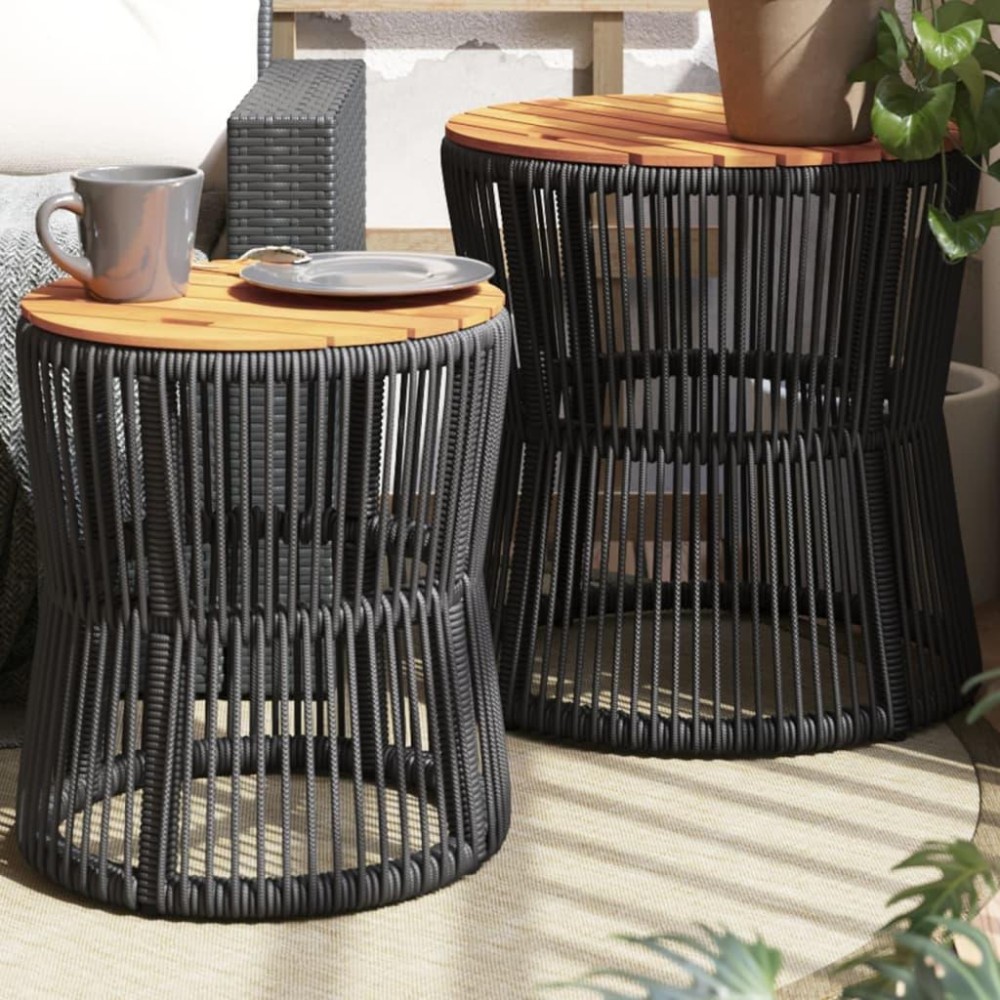 vidaXL Patio Side Tables 2 pcs with Wooden Top Black Poly Rattan