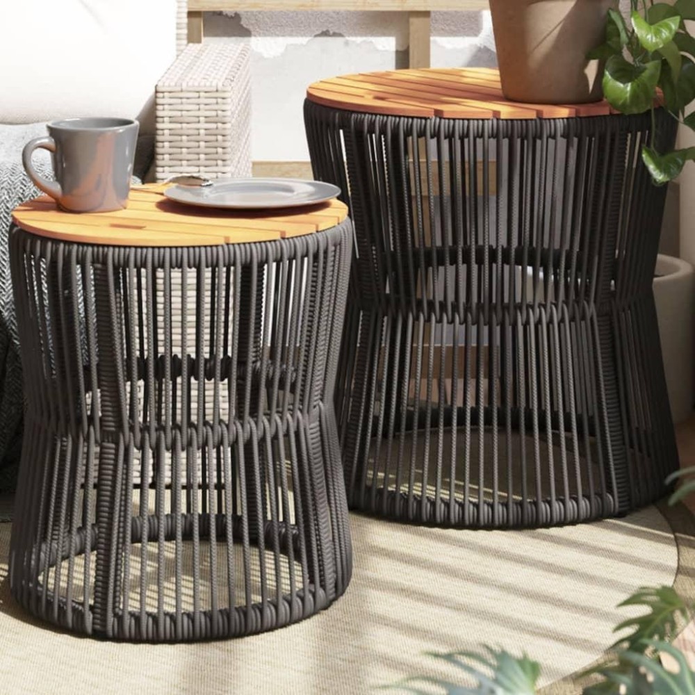 vidaXL Patio Side Tables 2 pcs with Wooden Top Gray Poly Rattan