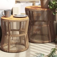 vidaXL Patio Side Tables 2 pcs with Wooden Top Beige Poly Rattan
