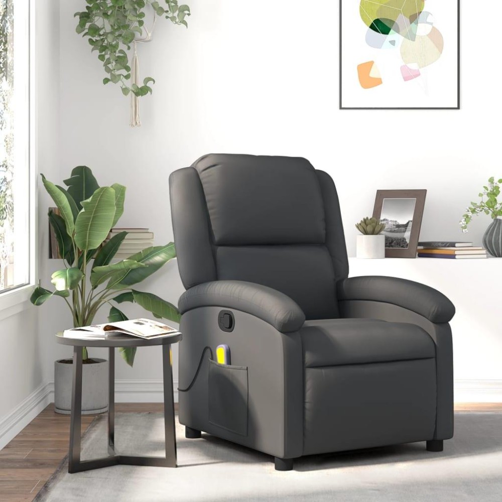 vidaXL Massage Recliner Chair Gray Real Leather