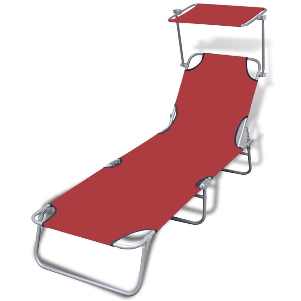 Vidaxl Folding Sun Lounger With Canopy Steel And Fabric Red