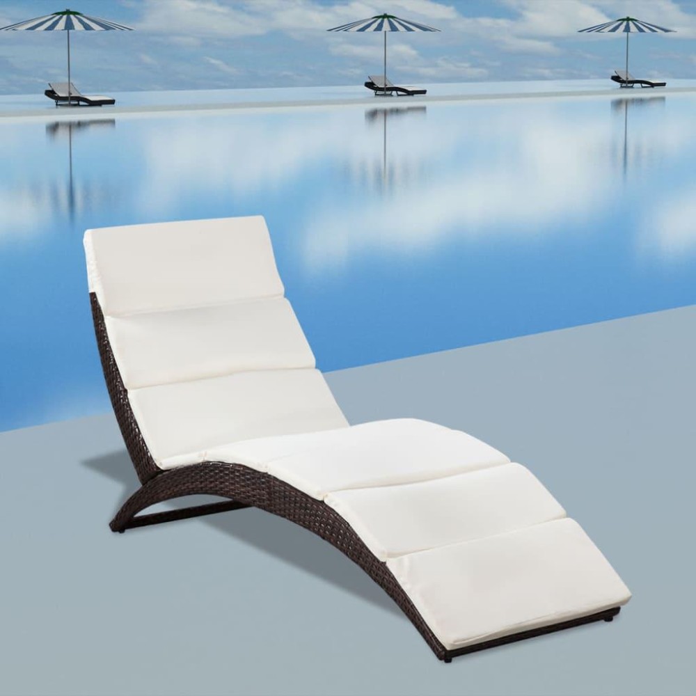 vidaXL Folding Sun Lounger with Cushion Poly Rattan Brown