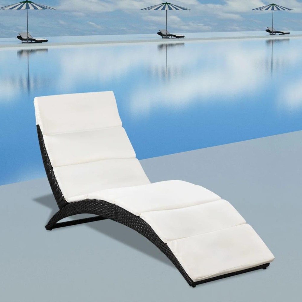 Vidaxl Folding Sun Lounger With Cushion Poly Rattan Black