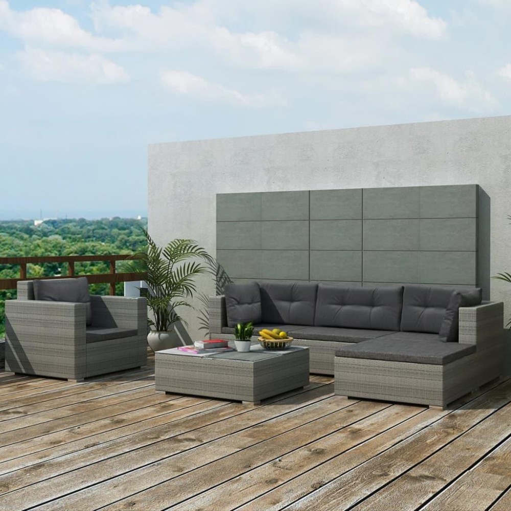 Vidaxl 6 Piece Patio Lounge Set With Cushions Poly Rattan Gray