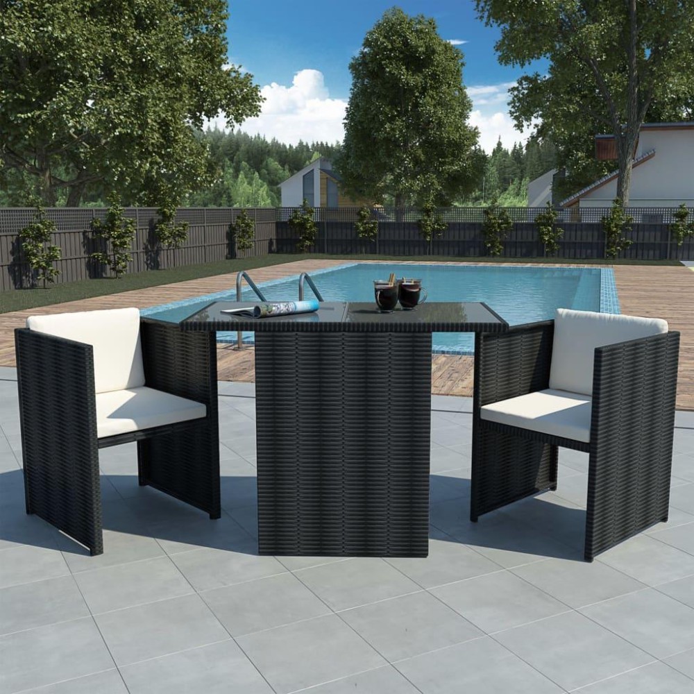 vidaXL 3 Piece Bistro Set with Cushions Poly Rattan Black