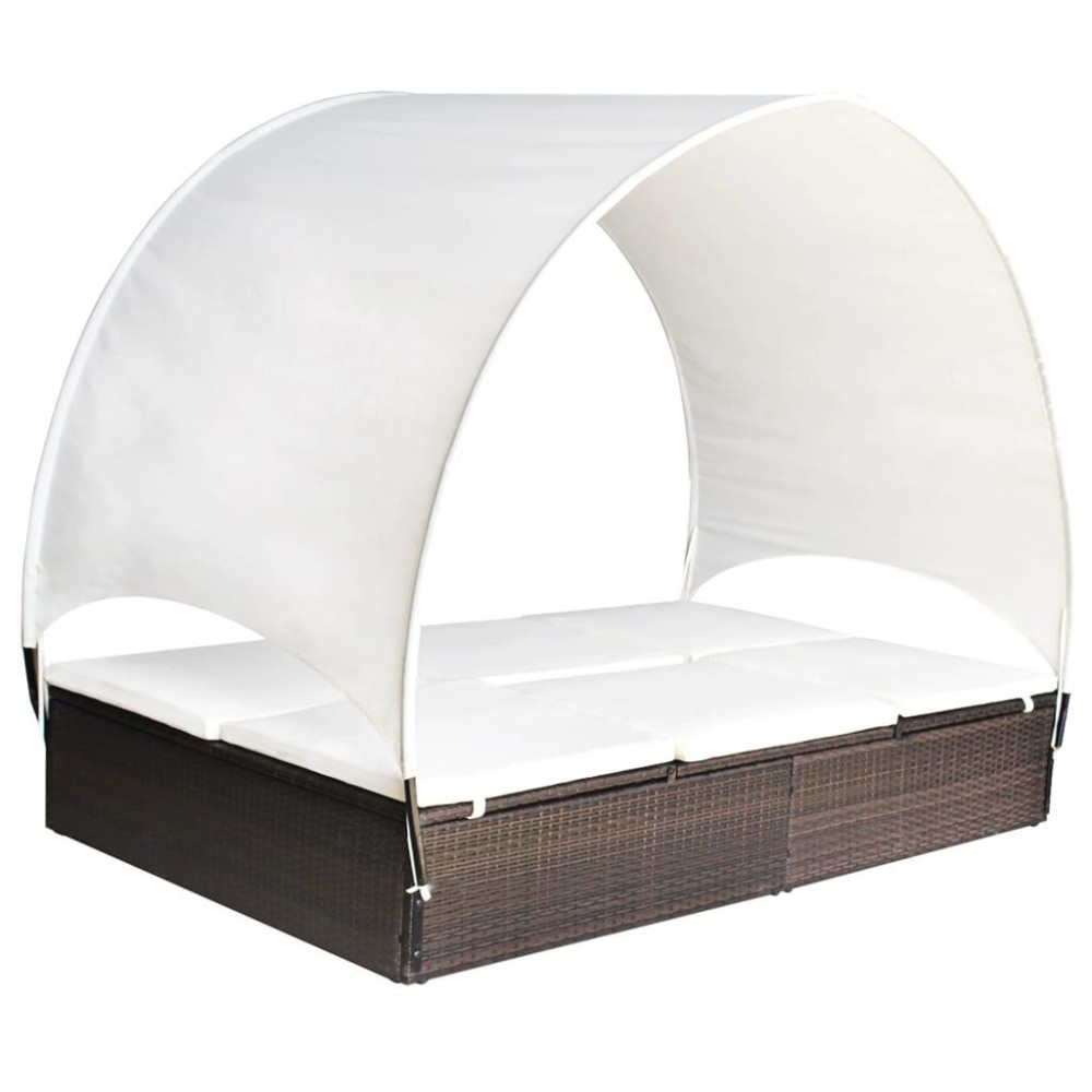 vidaXL Double Sun Lounger with Canopy Poly Rattan Brown