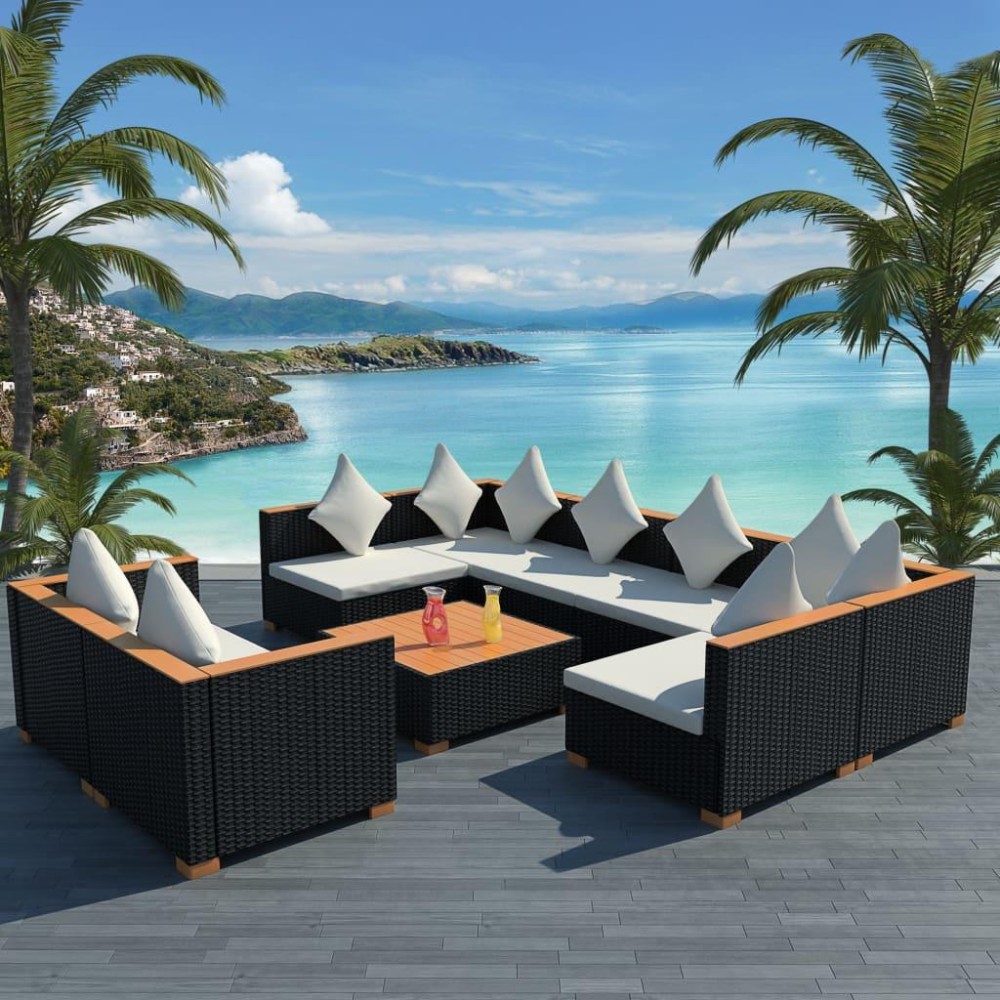 vidaXL 9 Piece Patio Lounge Set with Cushions Poly Rattan Black