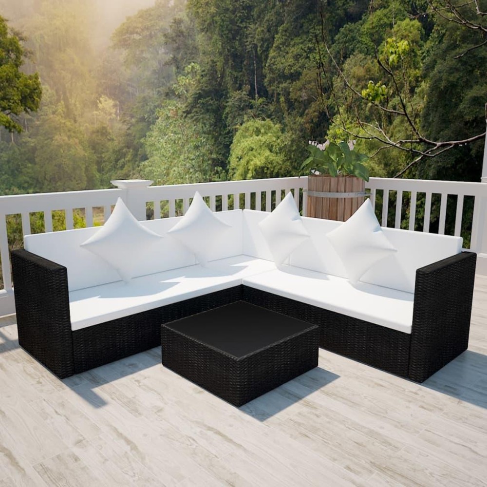 vidaXL 4 Piece Patio Lounge Set with Cushions Poly Rattan Black