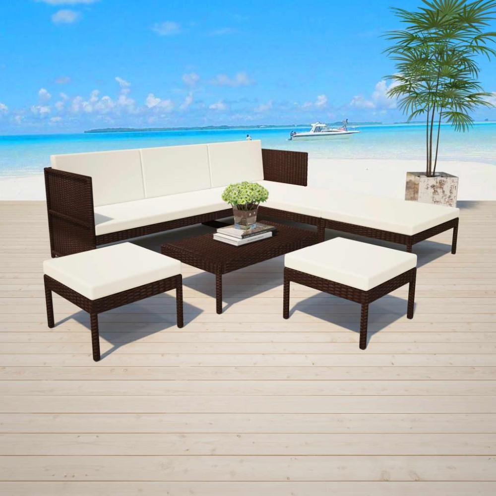 vidaXL 6 Piece Patio Lounge Set with Cushions Poly Rattan Brown