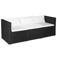 vidaXL 3 Seater Patio Sofa Black Poly Rattan with White Cushions