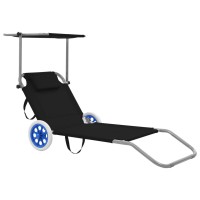 vidaXL Folding Sun Lounger with Canopy and Wheels Steel Black