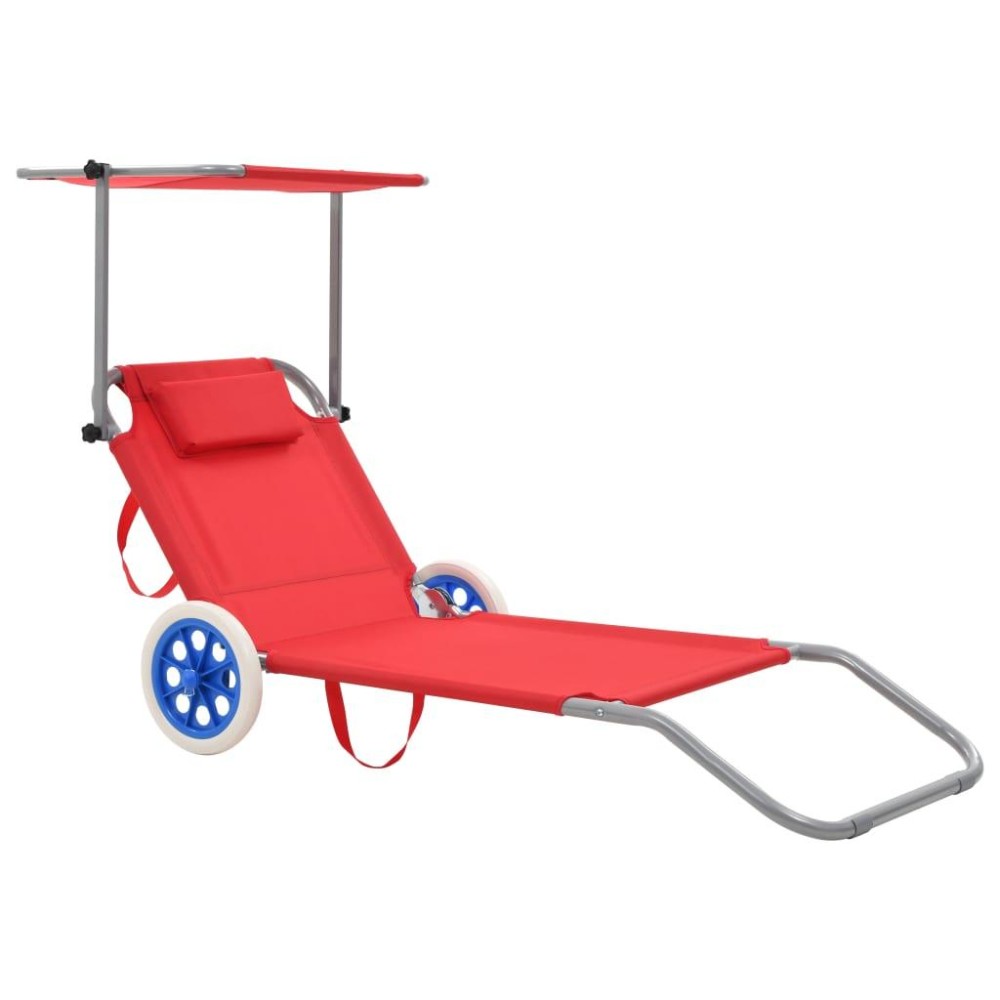 vidaXL Folding Sun Lounger with Canopy and Wheels Steel Red