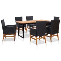 vidaXL 7 Piece Patio Dining Set Poly Rattan and Acacia Wood Black