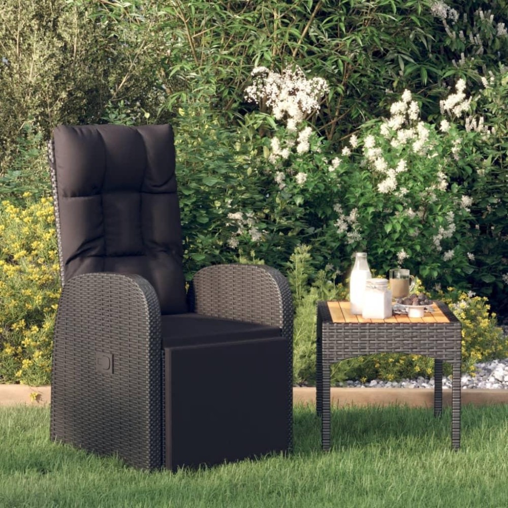 vidaXL Reclining Patio Chair with Cushion Poly Rattan Black