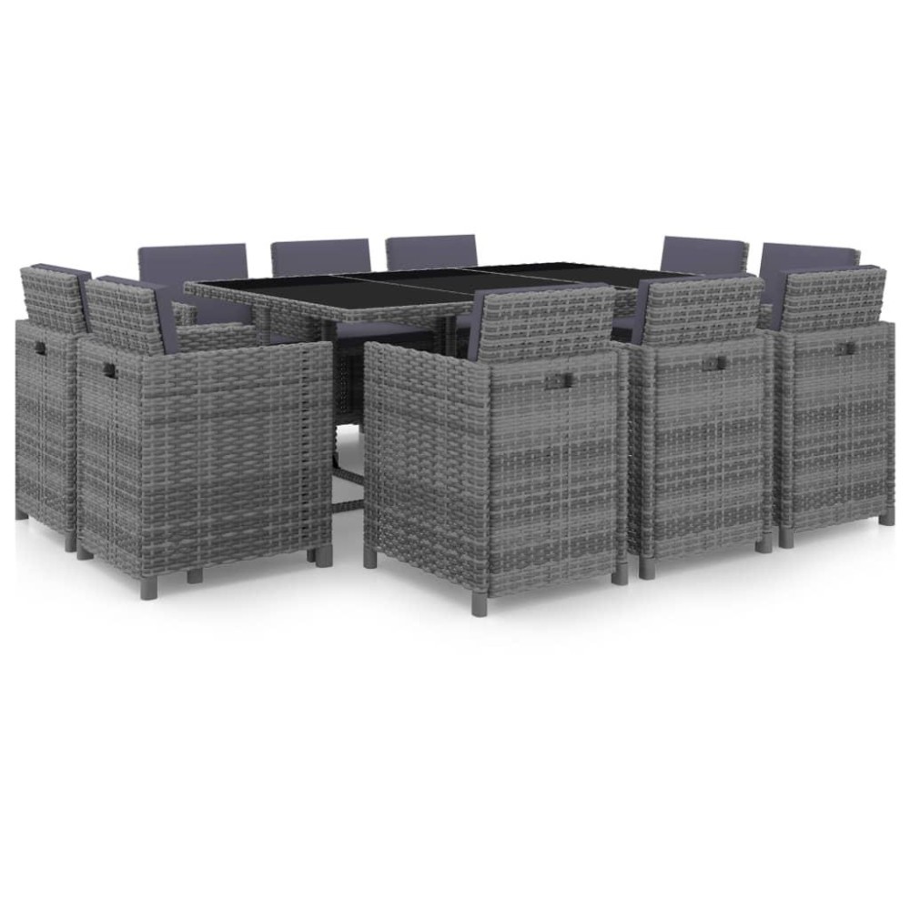 vidaXL 11 Piece Patio Dining Set with Cushions Poly Rattan Gray