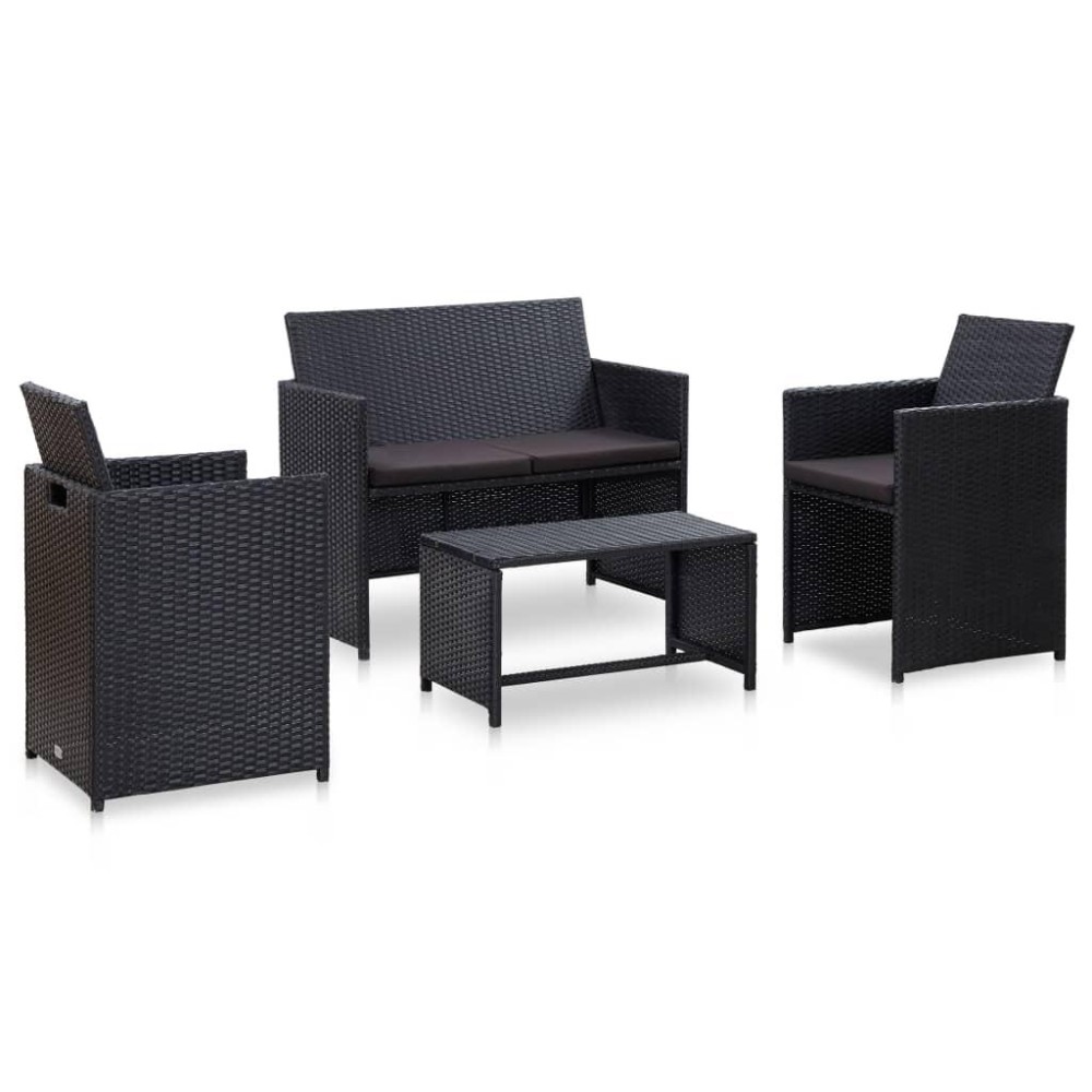 vidaXL 4 Piece Patio Lounge Set with Cushions Poly Rattan Black