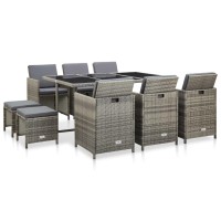 vidaXL 11 Piece Patio Dining Set with Cushions Poly Rattan Gray