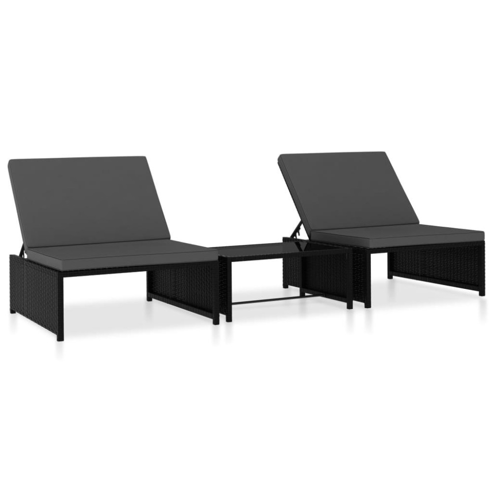 vidaXL Reclining Patio Chairs 2 pcs with Table Black Poly Rattan