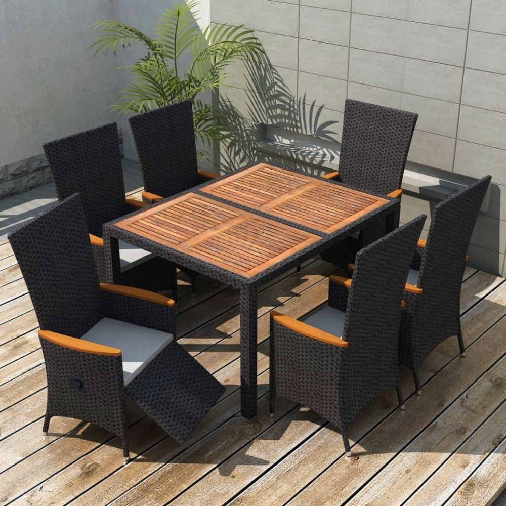 Vidaxl 7 Piece Patio Dining Set Poly Rattan Acacia Wood Black