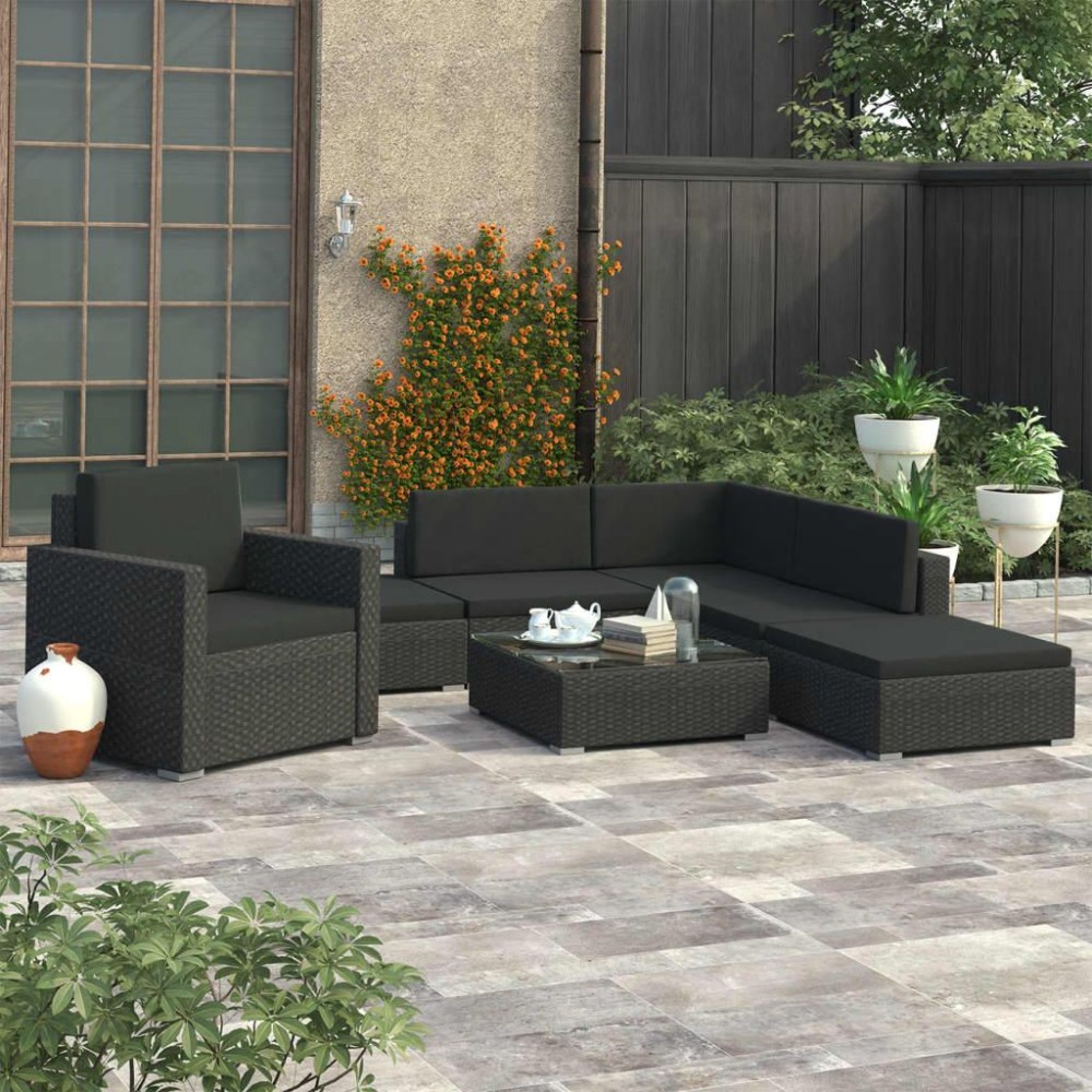 vidaXL 6 Piece Patio Lounge Set with Cushions Poly Rattan Black