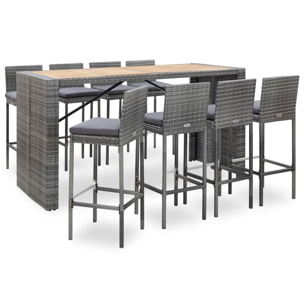 Vidaxl 9 Piece Patio Bar Set Poly Rattan And Acacia Wood Gray