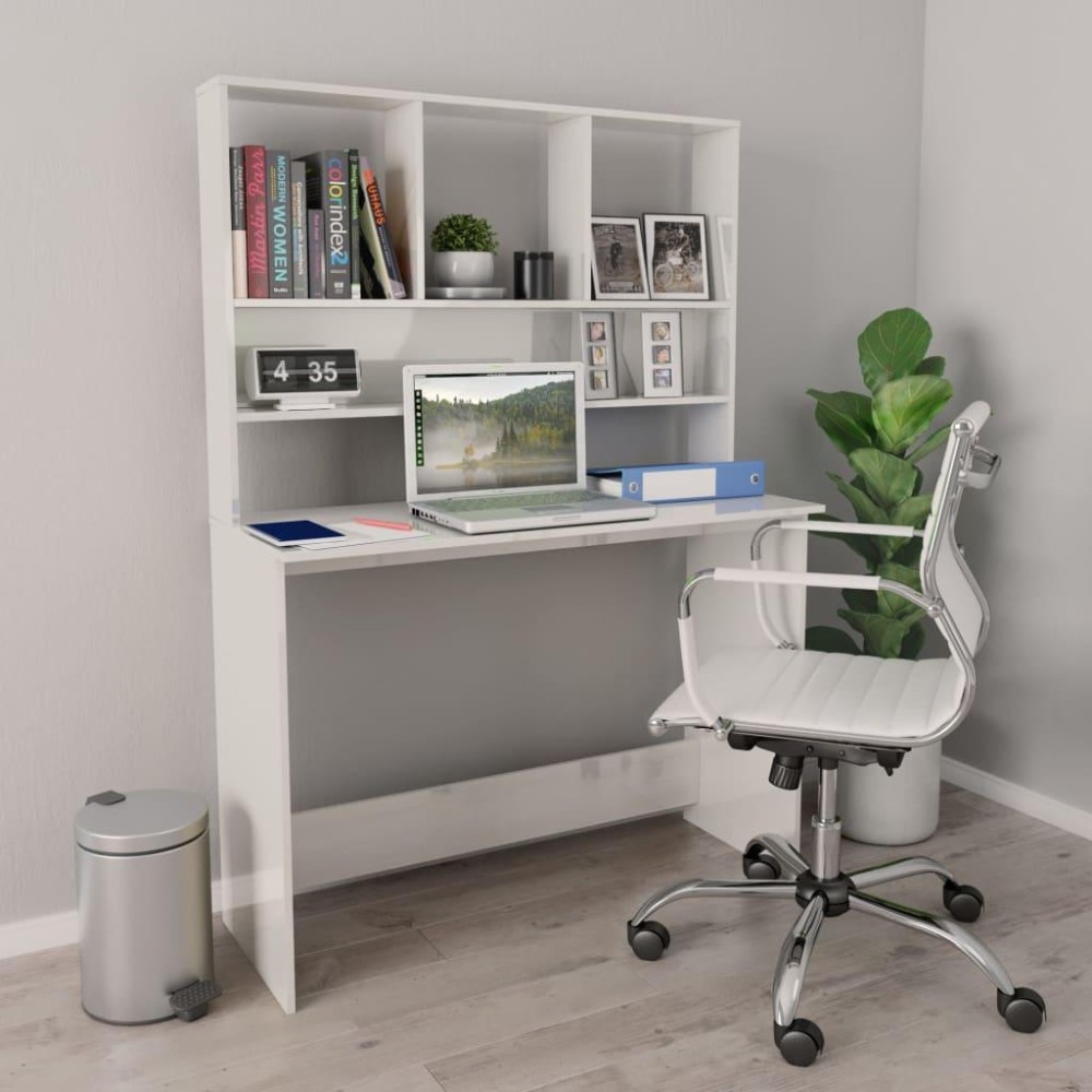 Vidaxl Desk With Shelves High Gloss White 43.3 X 17.7 X 61.8 Engineered Wood