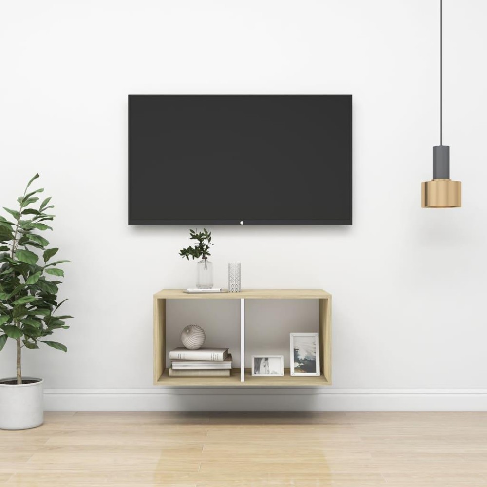 Vidaxl Wall-Mounted Tv Cabinet Sonoma Oak And White 14.6X14.6X28.3 Engineered Wood