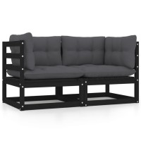 vidaXL Patio 2-Seater Sofa with Cushions Black Solid Pinewood