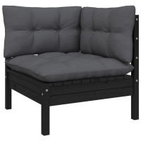 vidaXL Patio Corner Sofa with Cushions Black Solid Pinewood